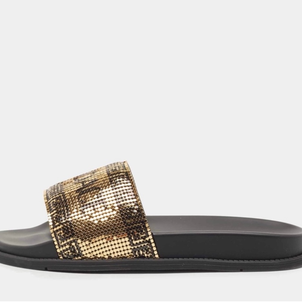 NWT FENDI NIB BLK/GOLD METAL MESH LOGO POOL SLIDES MADE IN ITALY 38EU 7.5 - Picture 12 of 14